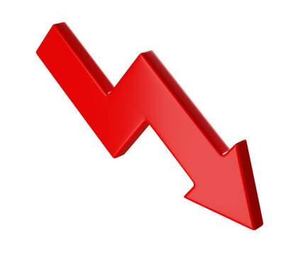 Red Glossy Graph 3d Arrow down icon illustration isolated on transparent background, cutout