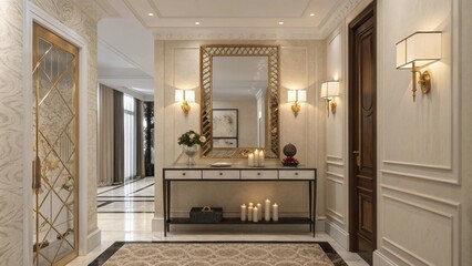 A luxurious hallway is graced with a striking statement mirror that creates depth and visual interest. A refined console table stands elegantly beneath displaying a carefully