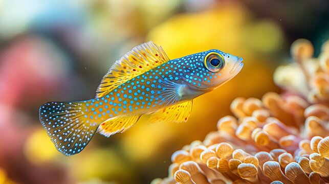 Dottyback fish in a saltwater aquarium, surrounded by vibrant corals, capturing the beauty of underwater life and coral reef ecosystems.