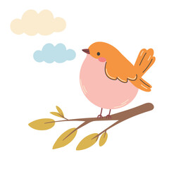 Cute bird on a branch with leaves. Hand drawn vector illustration.