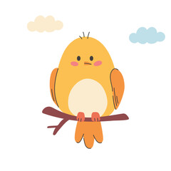 Cute bird sitting on a branch. Vector cartoon illustration in childish style. Images are isolated on white.