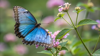 Fototapeta premium Blue Butterfly on Pink Flowers in Garden. Close-up of a vibrant blue butterfly perched on pink flowers with green leaves, set against a blurred garden background