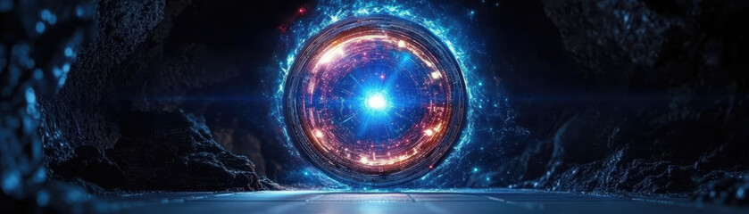 glowing mechanical gyroscope in dark environment, radiating energy and light, creating futuristic atmosphere