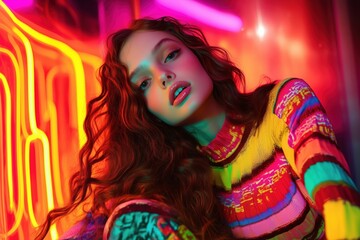 Fototapeta premium A young woman with long curly hair posing in a vibrant, neon-lit environment.