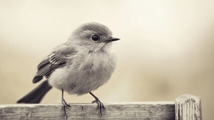 Fototapeta premium Small grey bird perched on weathered wood.