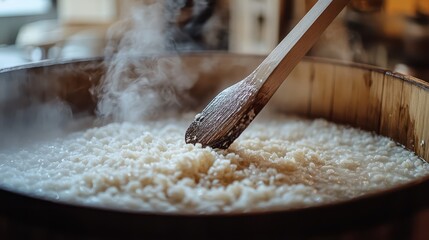 In a traditional sake brewing facility, a brewer carefully tests the fermentation process by dipping a cedar paddle into the steaming rice mash