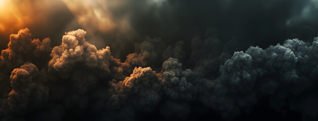 Black smoke plumes, dark background of toxic clouds after fire