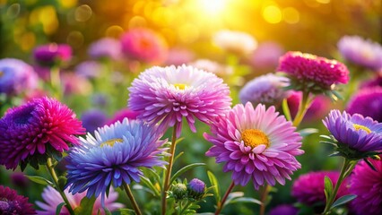 Obraz premium Sunlit Aster Garden: Vibrant Blooms & Copy Space for Text