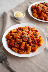 Homemade Italian Sausage and Mushroom Ragu Rigatoni Pasta with Cheese on a Plate, side view.