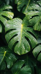 Fototapeta premium Lush green tropical leaves glistening with moisture in a vibrant rainforest setting showcasing nature's intricate details and textures