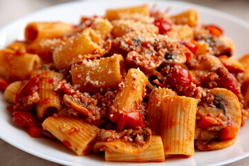 Homemade Italian Sausage and Mushroom Ragu Rigatoni Pasta with Cheese on a Plate, side view. Close-up.
