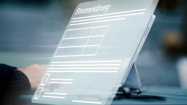 fiktives digitales Formular f&uuml;r die Steuererkl&auml;rung, im Hintergrund eine Person die an einem Tablet arbeitet, Steuern, Einkommen, Umsatz, E-Government, App, Finanzen, Finanzbeh&ouml;rde
