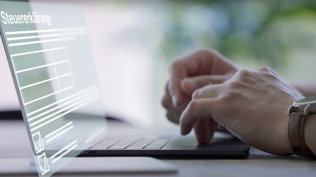fiktives digitales Formular f&uuml;r die Steuererkl&auml;rung, im Hintergrund eine Person die an einem Laptop arbeitet, Steuern, Einkommen, Umsatz, E-Government, App, Finanzen, Finanzbeh&ouml;rde
