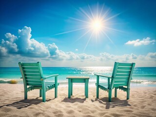 Fototapeta premium Sunny Beach Scene: Empty Turquoise Chairs & Tables