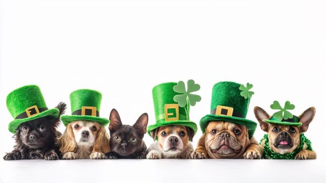 A lineup of playful pets, including dogs and a cat, all wearing green leprechaun hats adorned with shamrocks, captured against white backdrop.