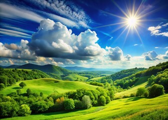 Obraz premium Sunny Day Landscape: Lush Green Hills, Fluffy Clouds, Bright Sun - Stock Photo