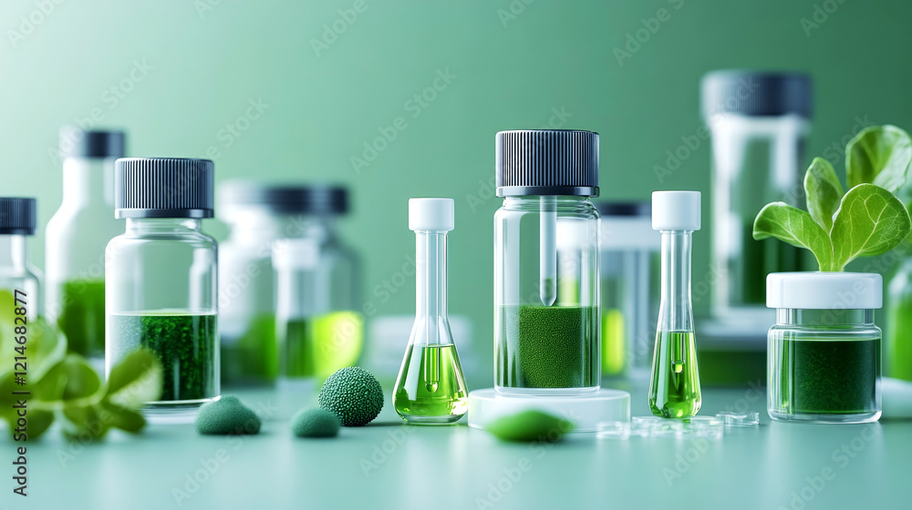 Poster exploring algae research in a laboratory setting green innovations in environmental science close-up
