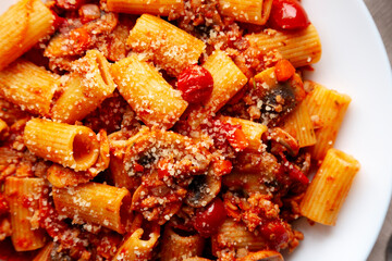 Homemade Italian Sausage and Mushroom Ragu Rigatoni Pasta with Cheese on a Plate, top view. Close-up.