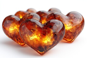 A cluster of delicate glass hearts in various shapes and sizes, ideal for romantic or sentimental uses such as wedding decorations or memorial displays