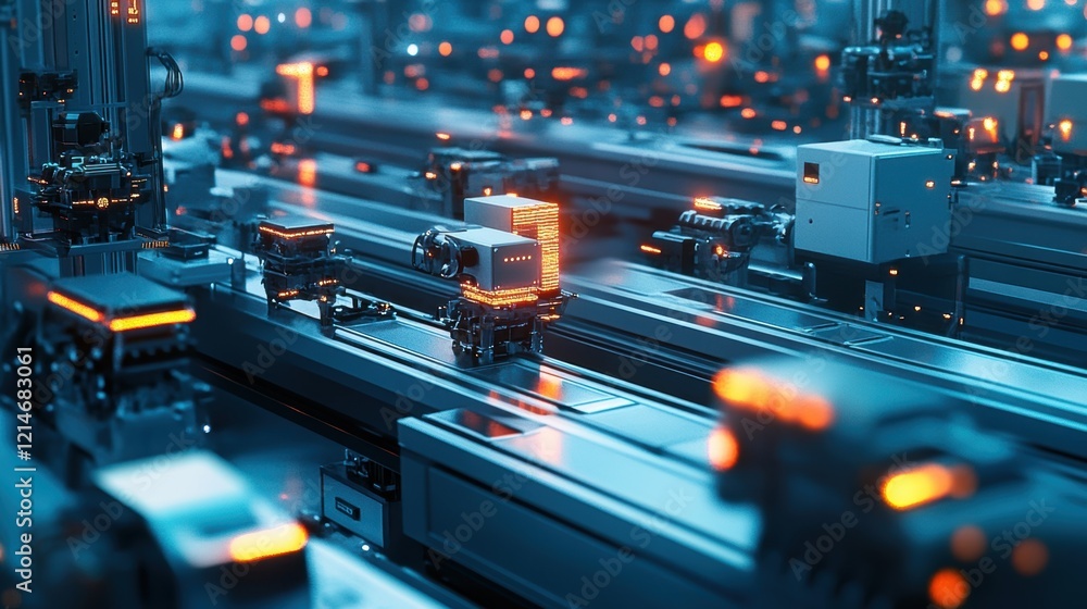 Poster modern factory robots assembling electronic components on a futuristic production line, showcasing a