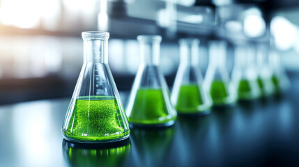 Scientific experiment analyzing algae in a modern laboratory environment with beakers and green solutions under bright lighting