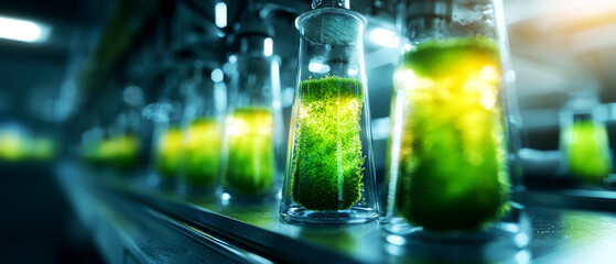 Laboratory study of algae growth research facility scientific experiment controlled environment close-up view innovative algae applications