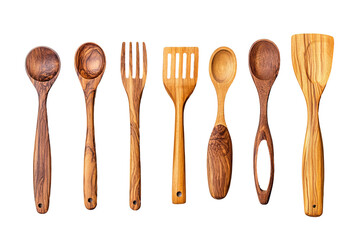 A collection of wooden kitchen utensils including spoons, spatulas, and knives. on transparent background.
