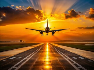 Fototapeta premium Sunset Airplane Landing Runway Silhouette - Drone Aerial Photography Stock Photo