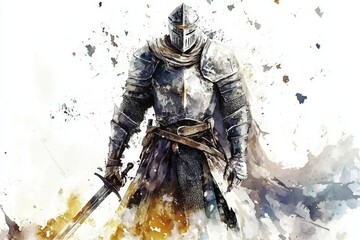 Fototapeta premium Depiction of a medieval knight against a white backdrop.