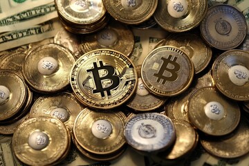 A pile of gold bitcoins sits atop a stack of money, representing wealth and financial success