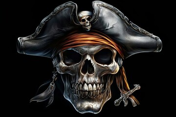 Fototapeta premium Digital illustration of a pirate skull wearing a hat.