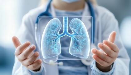 A pediatric doctor holding a holographic model of a child lungs, explaining it to concerned parents