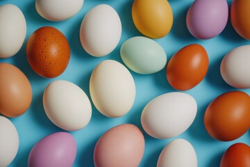 A collection of eggs situated on a bright blue surface, suitable for use in designs related to food, nature, or simplicity