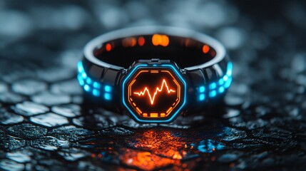 Smart ring displaying a digital heartbeat on a hexagonal surface, illuminated by neon blue light for a futuristic and sleek look.