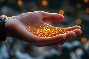 A person grasping a handful of bright yellow beads, possibly for a ritual or ceremony