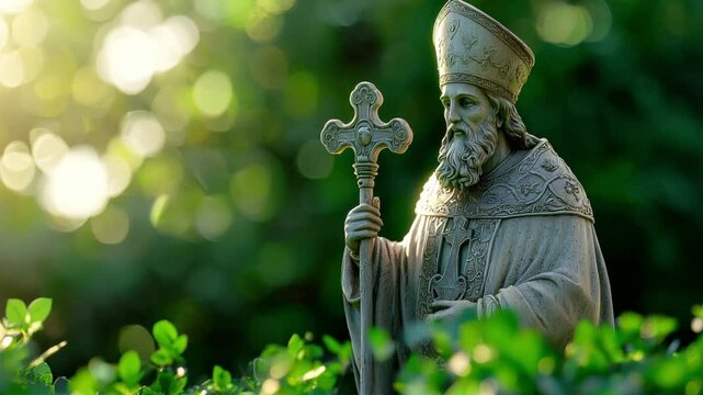 A statue of Saint Patrick holding a cross, surrounded by lush greenery and illuminated by soft sunlight.