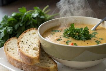 Steaming Bowl of Creamy Soup With Fresh Parsley and Crusty Bread