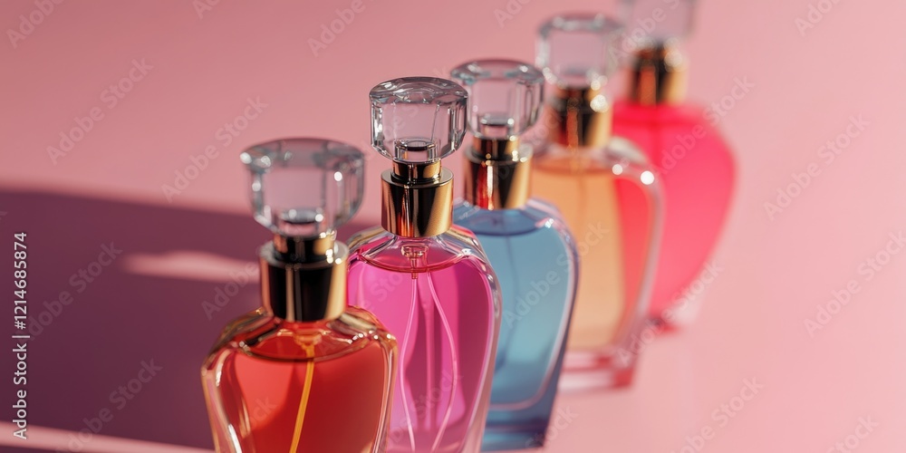 Poster a collection of colorful perfume bottles arranged on a table