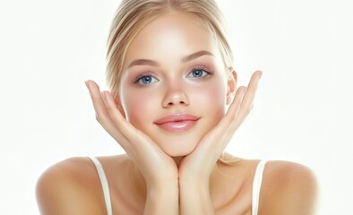 Beautiful Young Woman with clean fresh skin, blond hair, blue eyes and pink lips. Concept of facial treatment . Cosmetology , beauty and spa .