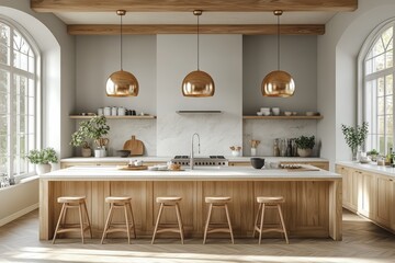Cozy Modern Kitchen Interior with Wooden Accents, Large Windows, and Stylish Lighting Fixtures for a Bright and Inviting Space