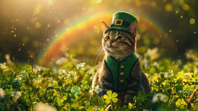 A cat dressed as a leprechaun sitting in a clover-filled meadow, with a magical rainbow in the background.