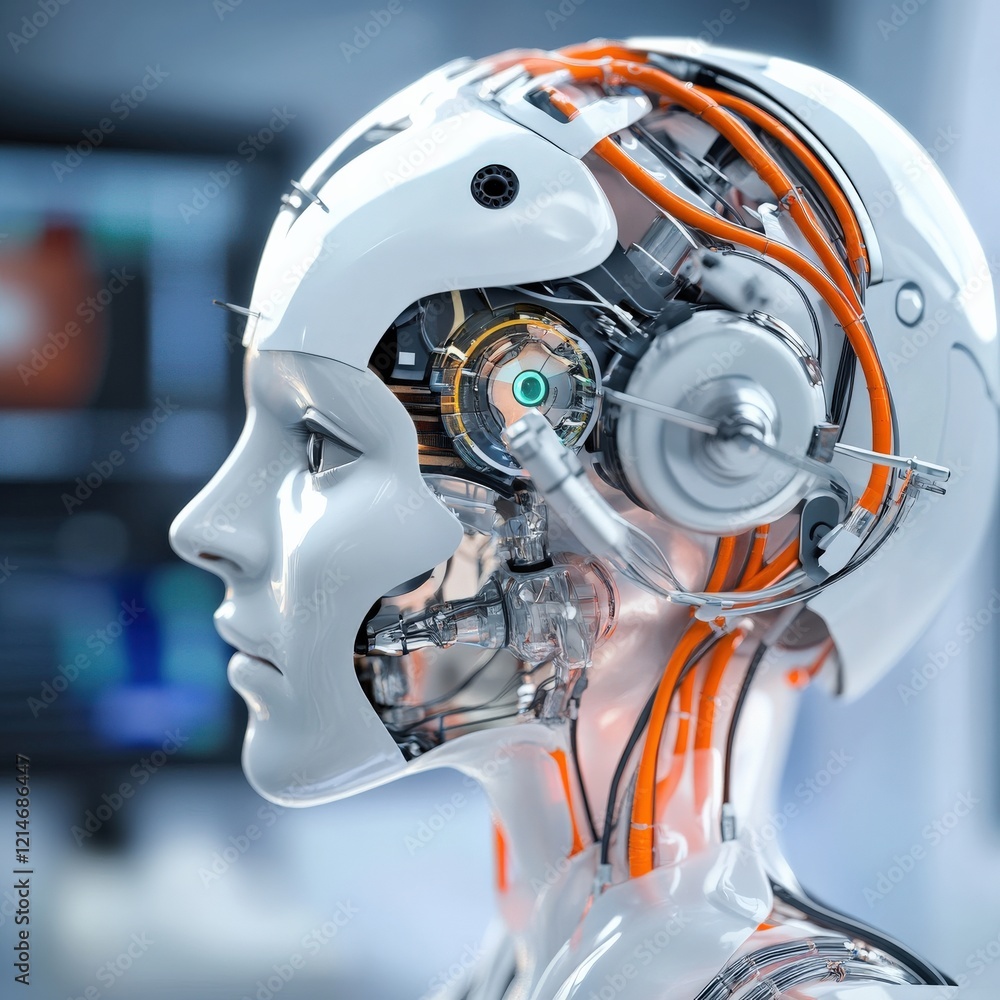 Poster a robot head with wires coming out of it