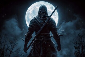 Naklejka premium Enigmatic scene captures the essence of martial arts under a luminous full moon. 