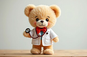 Teddy bear doctor with a stethoscope in a fuzzy setting.