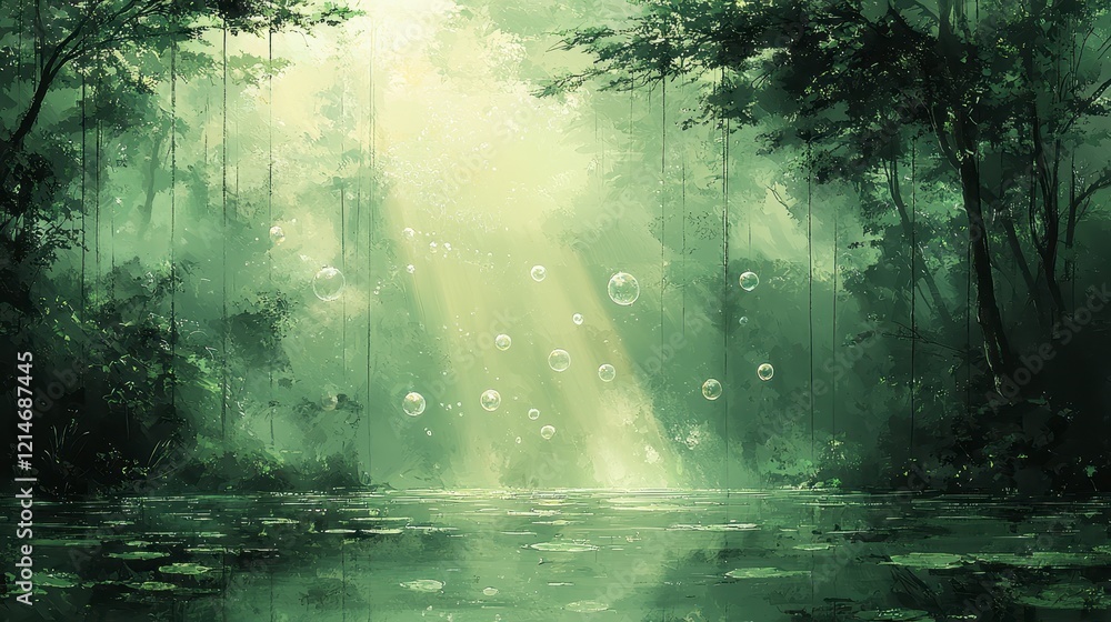 Poster sunbeams illuminate a mystical forest with floating bubbles over a calm lake.