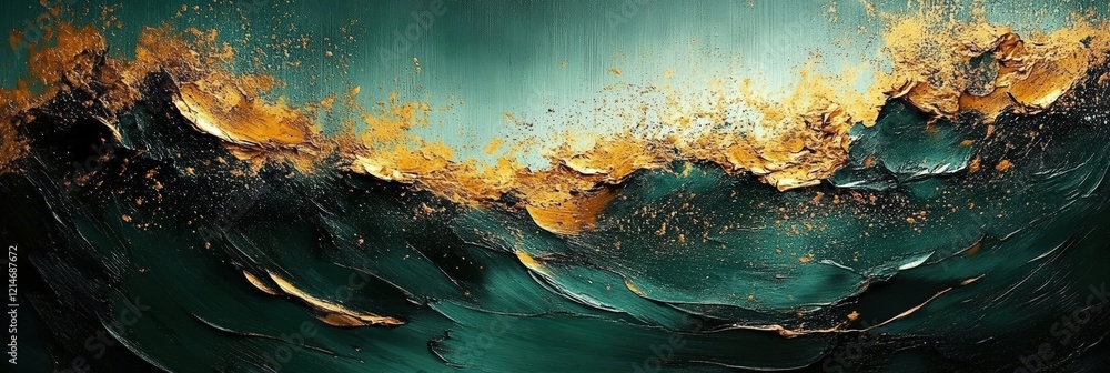 Poster abstract artistic background with golden waves and dark green tones for creative projects and design