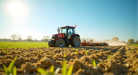 Obraz premium Modern tractor plowing a field under a clear blue sky with bright sunlight