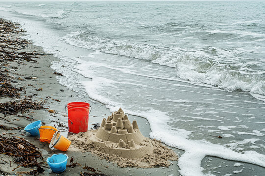Child's whimsical sandcastle lost to ocean waves, surrounded by forgotten toys on a tranquil beach