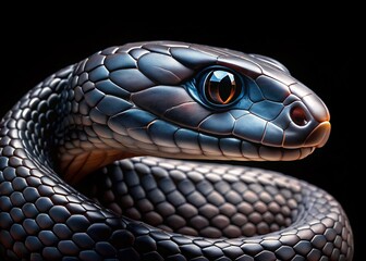 Fototapeta premium Surreal Close-up of Black Mamba Snake on Black Background - Modern Photography