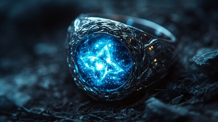 Polished silver ring with glowing arcane symbols, surrounded by mystical energy in a dark, ethereal setting, embodying the essence of arcane mastery.